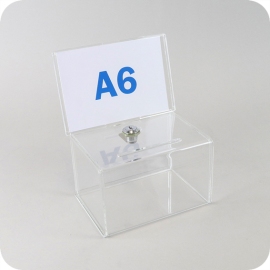 Actiebox/visitekaartbox acryl, 16 x 20 x 11 cm, deksel, sleuf, afsluitbaar, helder 