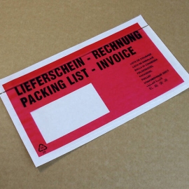 Mailinghoezen, opdruk "paklijst/factuur", PE-folie DIN lang | rood