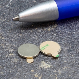 Neodymium magneetrondjes, zelfklevend, lijmlaag op de zuidpool, 10 mm x 1 mm, N35 