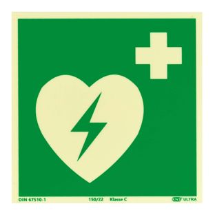 Reddingssymbool defibrillator fotoluminescent, kunststof, ISO 7010 150 x 150 mm 