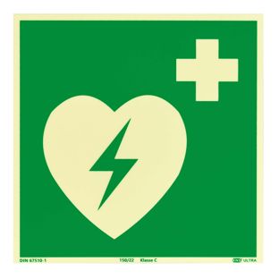 Reddingssymbool defibrillator fotoluminescent, kunststof, ISO 7010 200 x 200 mm 