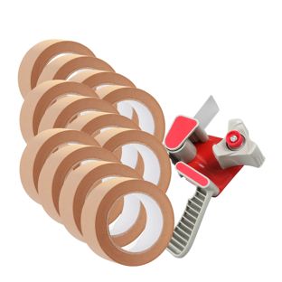 Handdispenser en 12 rollen papieren verpakkingstape, bruin 