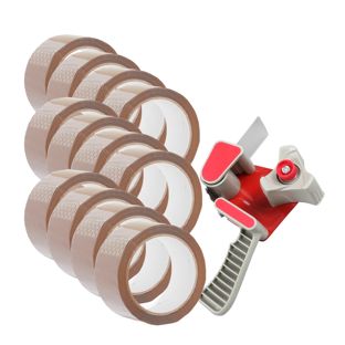 Handdispenser en 12 rollen verpakkingstape, bruin 