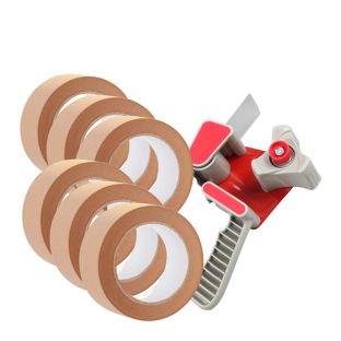 Handdispenser en 6 rollen papieren verpakkingstape, bruin 