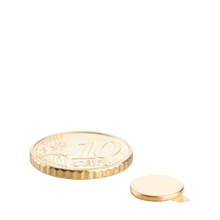 Neodymium magneetrondjes, zelfklevend, goud, 10 mm x 1 mm, N35 