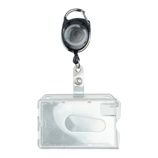Hard plastic ID-kaarthouders met uittrekbare sleutelhanger zwart | met duimuitsparing, glanzend