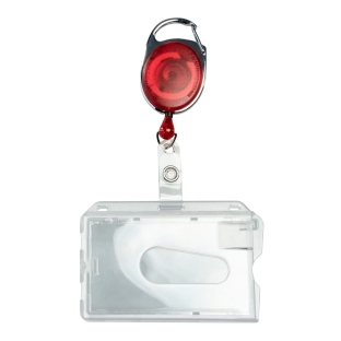 Hard plastic ID-kaarthouders met uittrekbare sleutelhanger rood | met duimuitsparing, glanzend 