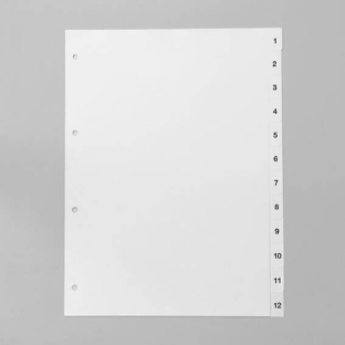 Tabbladen voor A4, 12 tabs (1-12), wit (1 Set) 
