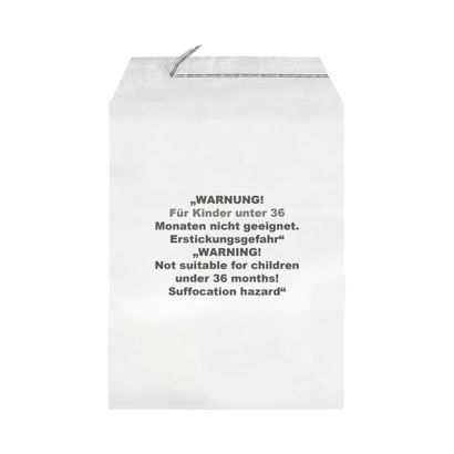 Mailing enveloppen met klep, met waarschuwingsopdruk, hersluitbaar, PP-folie, transparant 