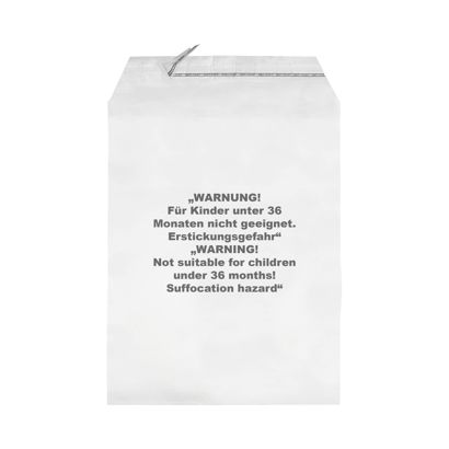 Mailing enveloppen met klep, met waarschuwingsopdruk, hersluitbaar, PP-folie, transparant 215 x 310 mm 