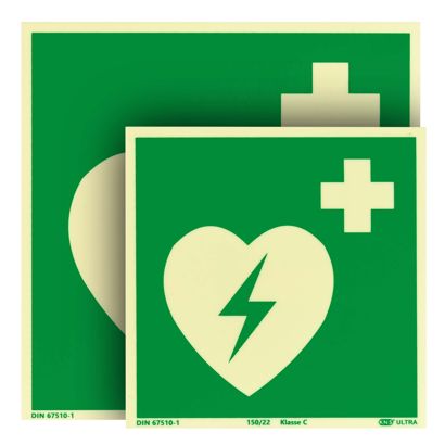Reddingssymbool defibrillator fotoluminescent, kunststof, ISO 7010 