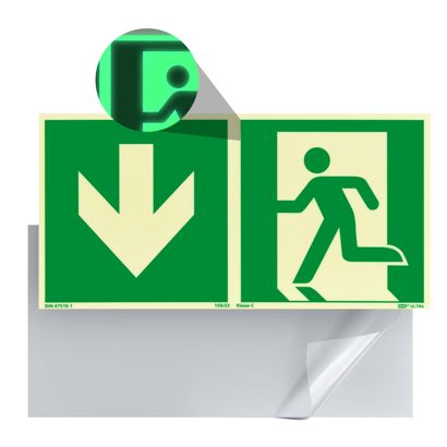 Reddingssymbool vluchtweg fotoluminescent, kunststof, ISO 7010 naar beneden 