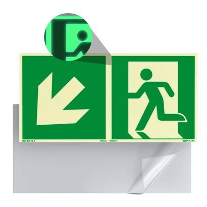 Reddingssymbool vluchtweg fotoluminescent, kunststof, ISO 7010 links naar beneden 