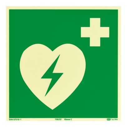 Reddingssymbool defibrillator fotoluminescent, kunststof, ISO 7010 200 x 200 mm